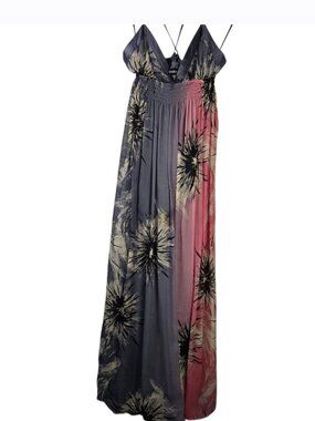 Bebe Multi-Colored Floral Smocked Waist Maxi Dress Spaghetti Straps/Crisscross M